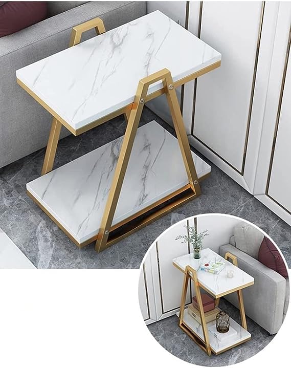 MTANK White&Gold End Table| Marble Finished Luxury Table| Premium Side Table for Bedroom Living Room|