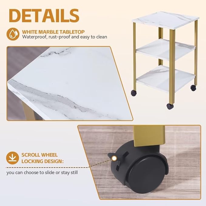 MTANK White&Gold End Table| Luxury Marble Finish Table on Wheels| Premium Side Table for Bedroom Living Room|