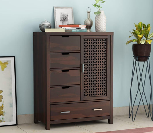 MTANK Solid Sheesham Wood Sideboard Cabinet| Premium Wooden Chest of Drawers with 5 Drawer Storage| (Walnut Finish)|