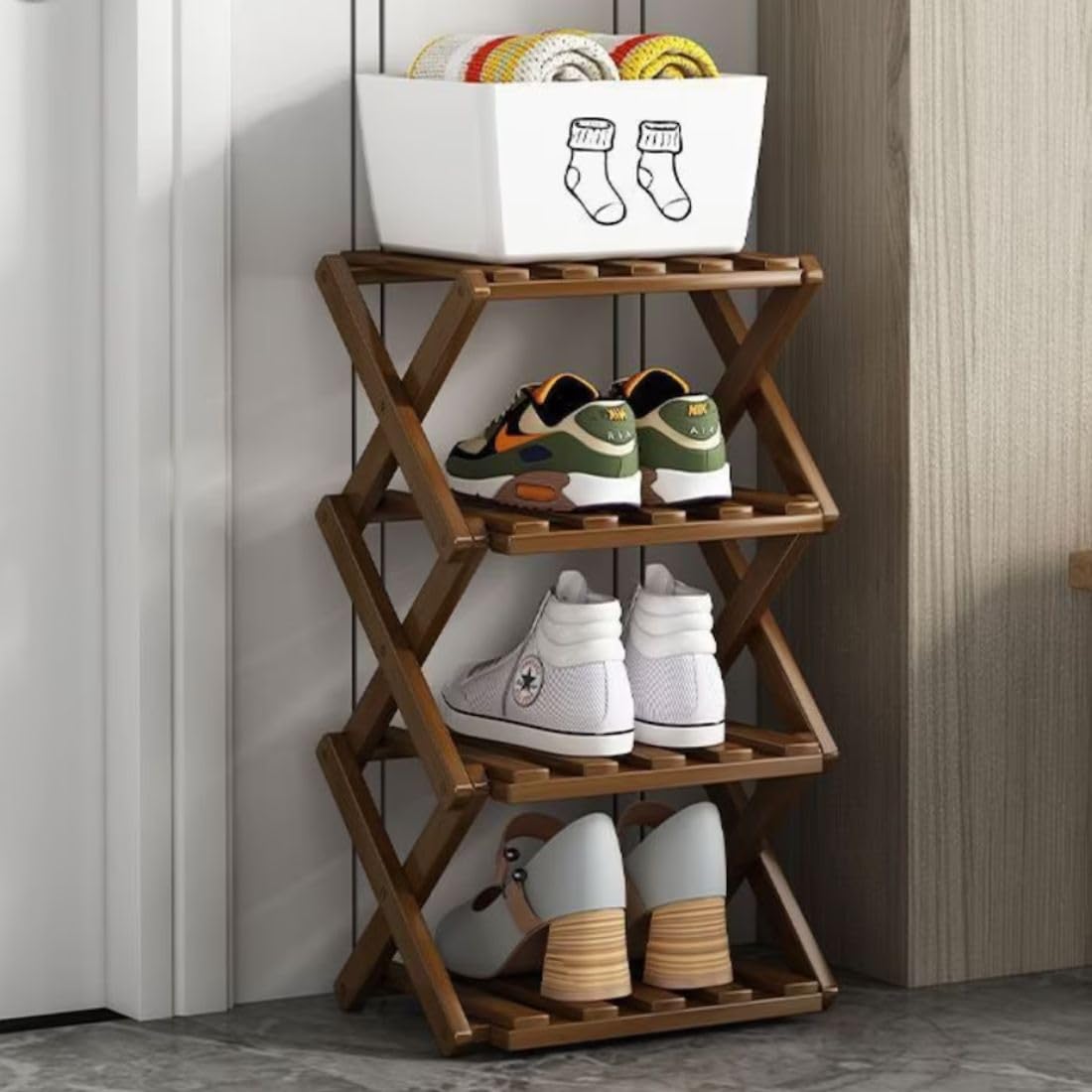 MTANK Wooden Foldable Shoes Rack & Plant Stand Rack For Home Garden | Modern 4 - Layer Corner Decor Stand