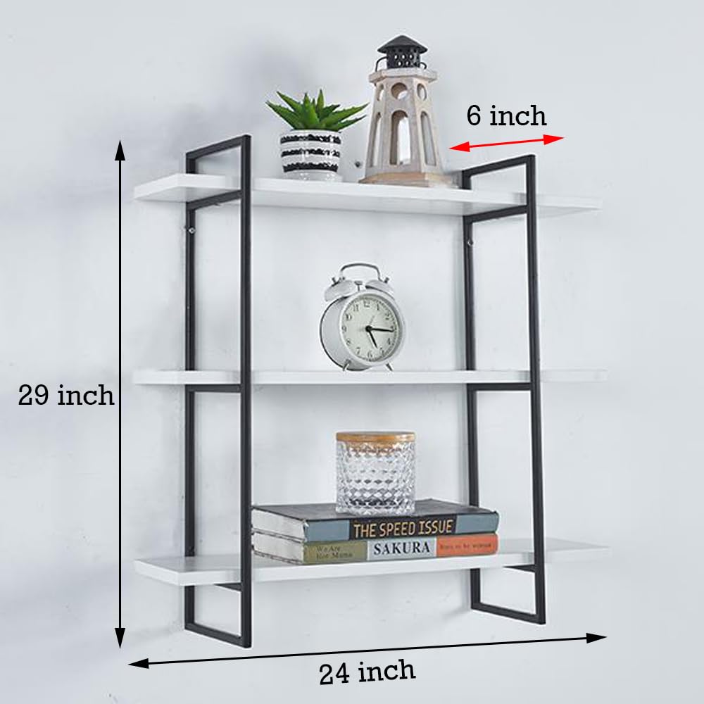 MTANK 3-Tier Floating Wall Shelves For Wall Décor & Storage| Wall Shelves For Bedroom, Living Room, Kitchen|(White Hook)|