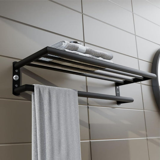 MTANK Premium, Modern & Stylish Towel Rack Shelf | Floating Wall Rack Hanger Stand for Clothes & Other Bathroom Accessories |(Black)|